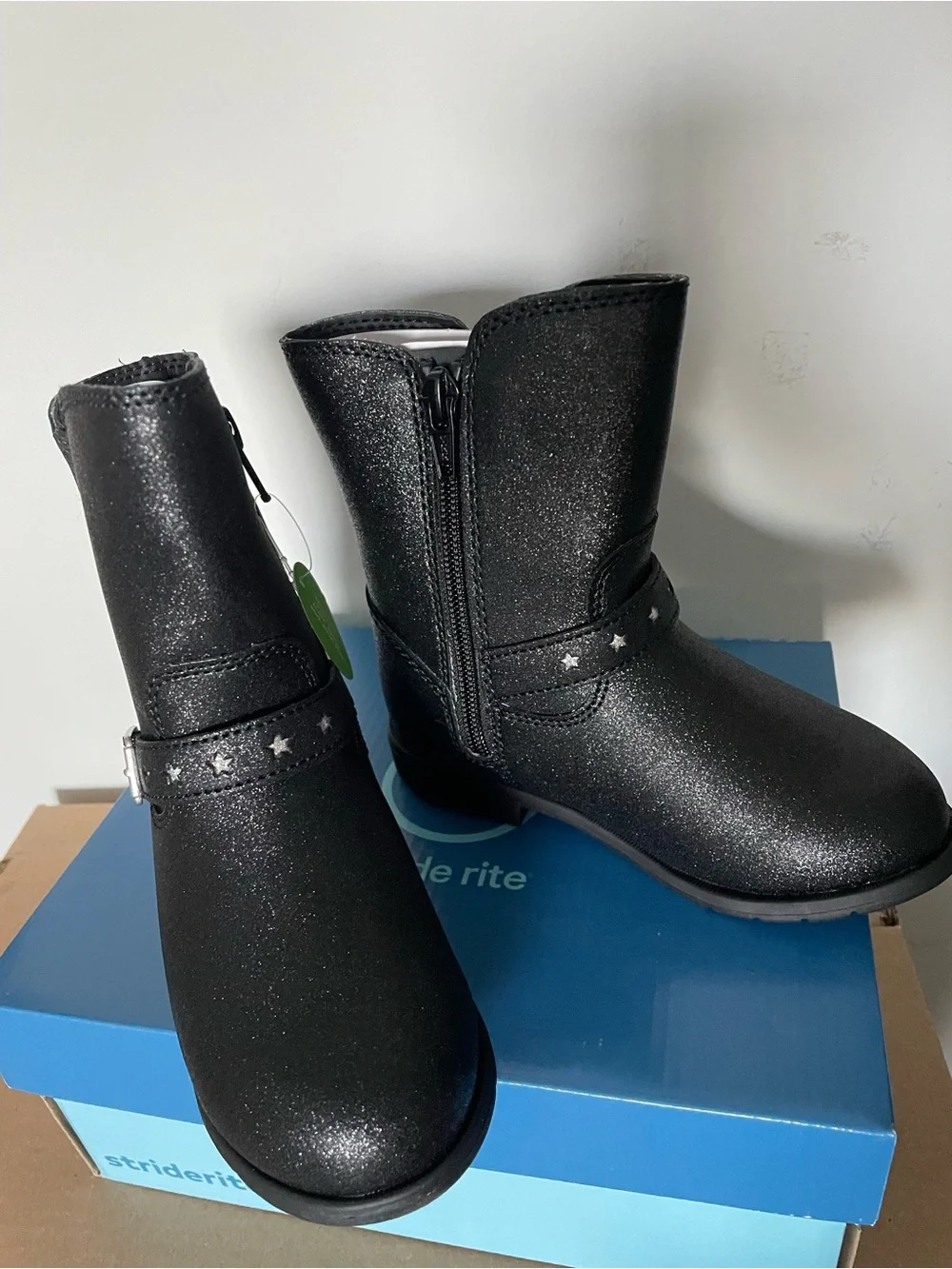 Stride Rite Sr Lizz Black Shimmer Boots Toddler Girl Zip Stars Mid Calf NEW Box